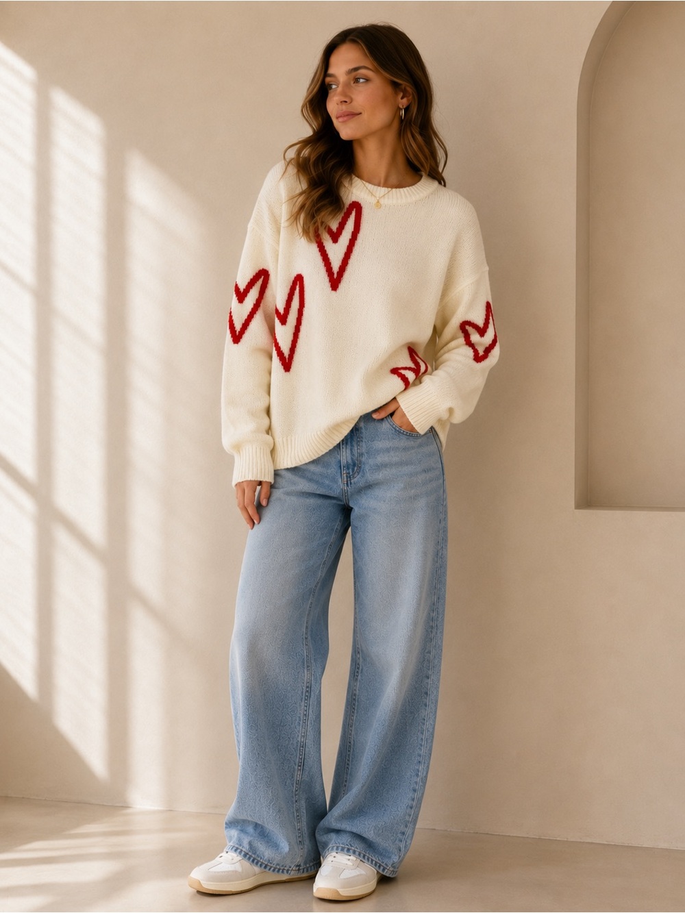 Elan Ivory Heart Print Soft Girl Crewneck Sweater Oversized Cozy Knit Pullover L - Picture 3 of 17